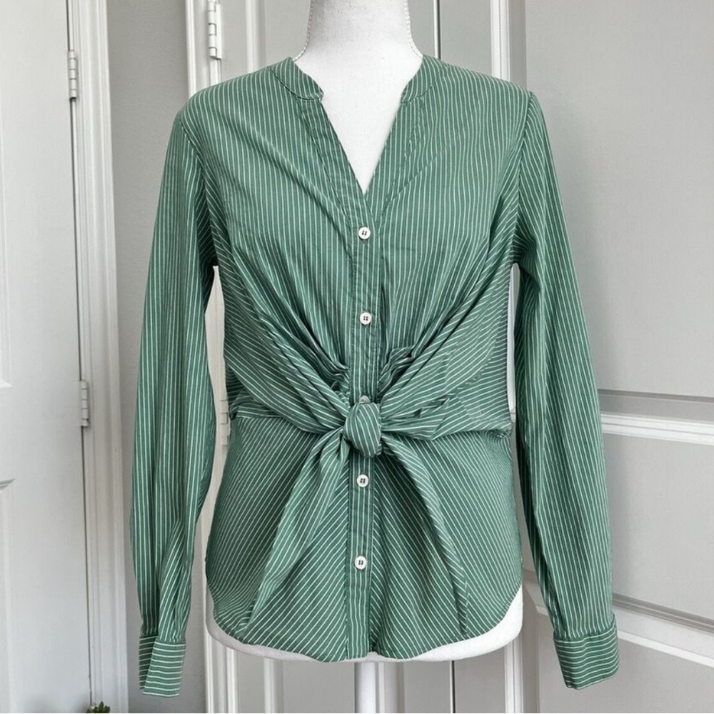 Maeve pinstriped cotton button down shirt from Anthropologie with front tie